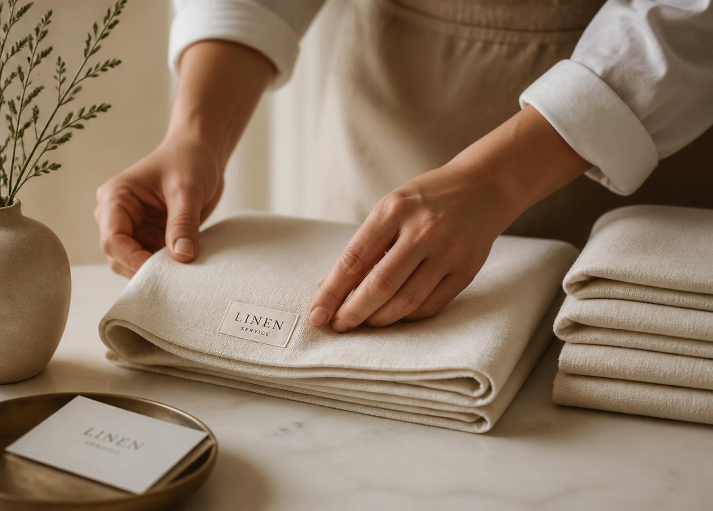 Folding a clean cream linen towel by hand