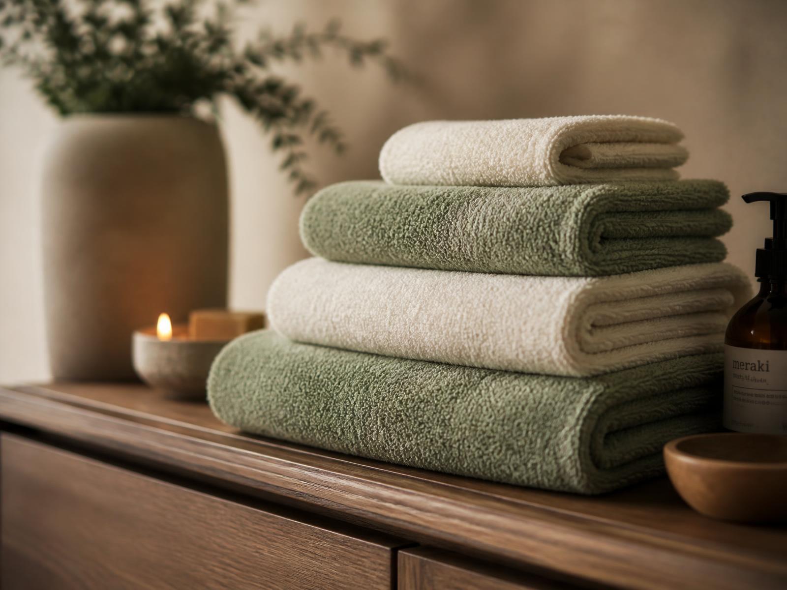 Freshly folded cream and sage business towels stacked on a wood surface