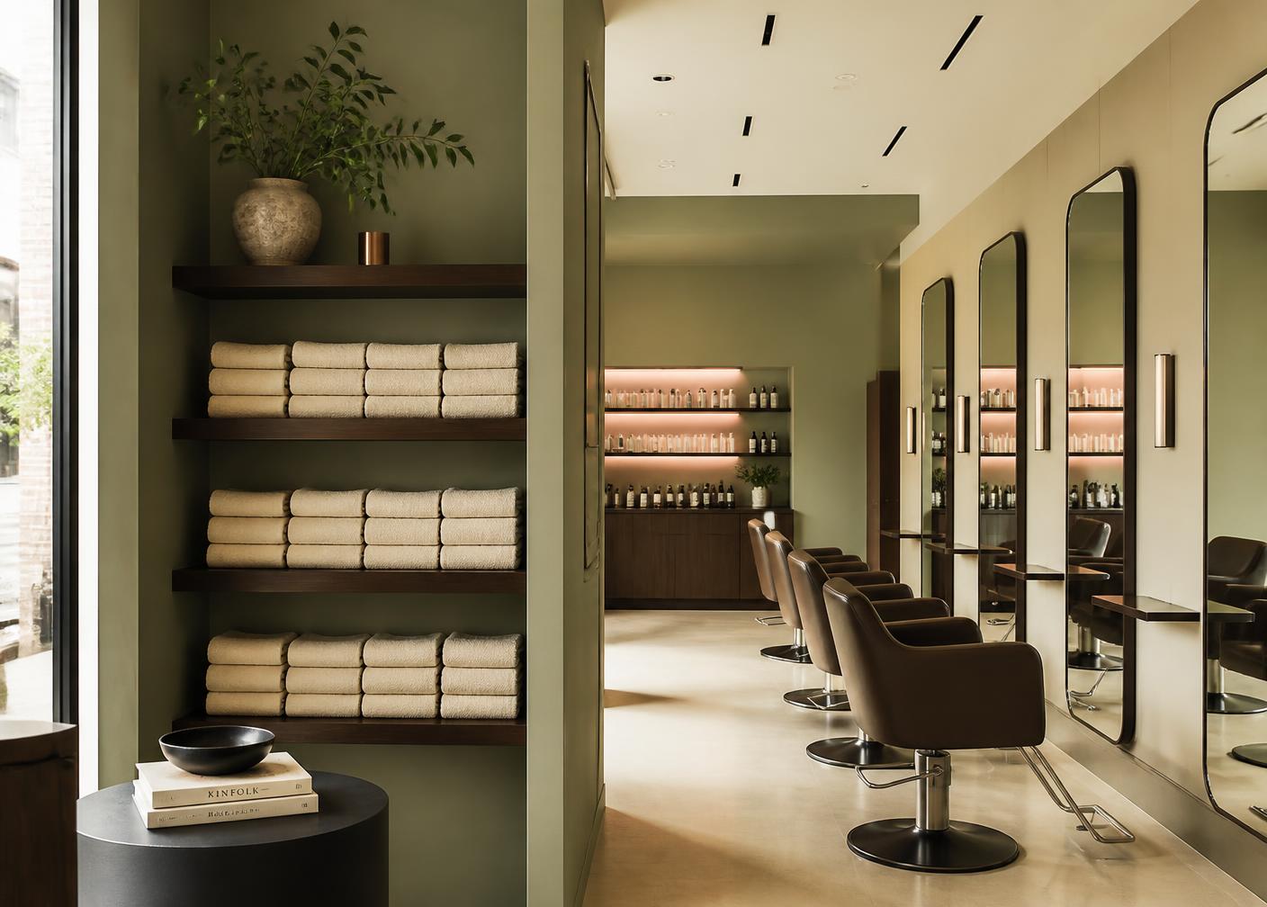 Modern salon interior with folded cream towels stacked on shelves