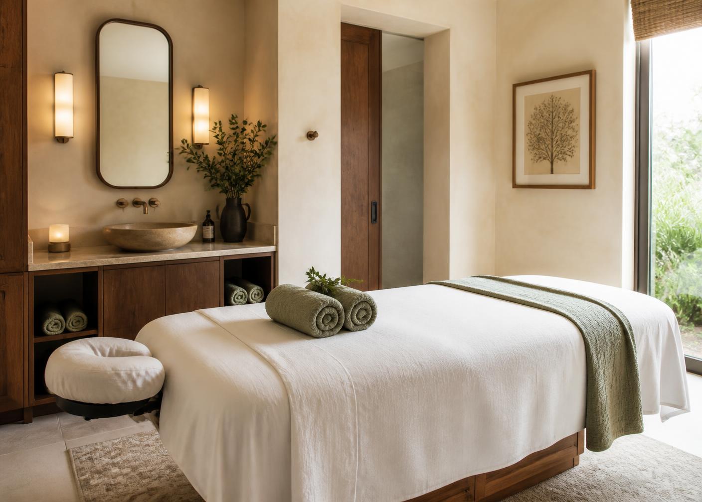 Massage treatment room with crisp white linens and rolled sage towels